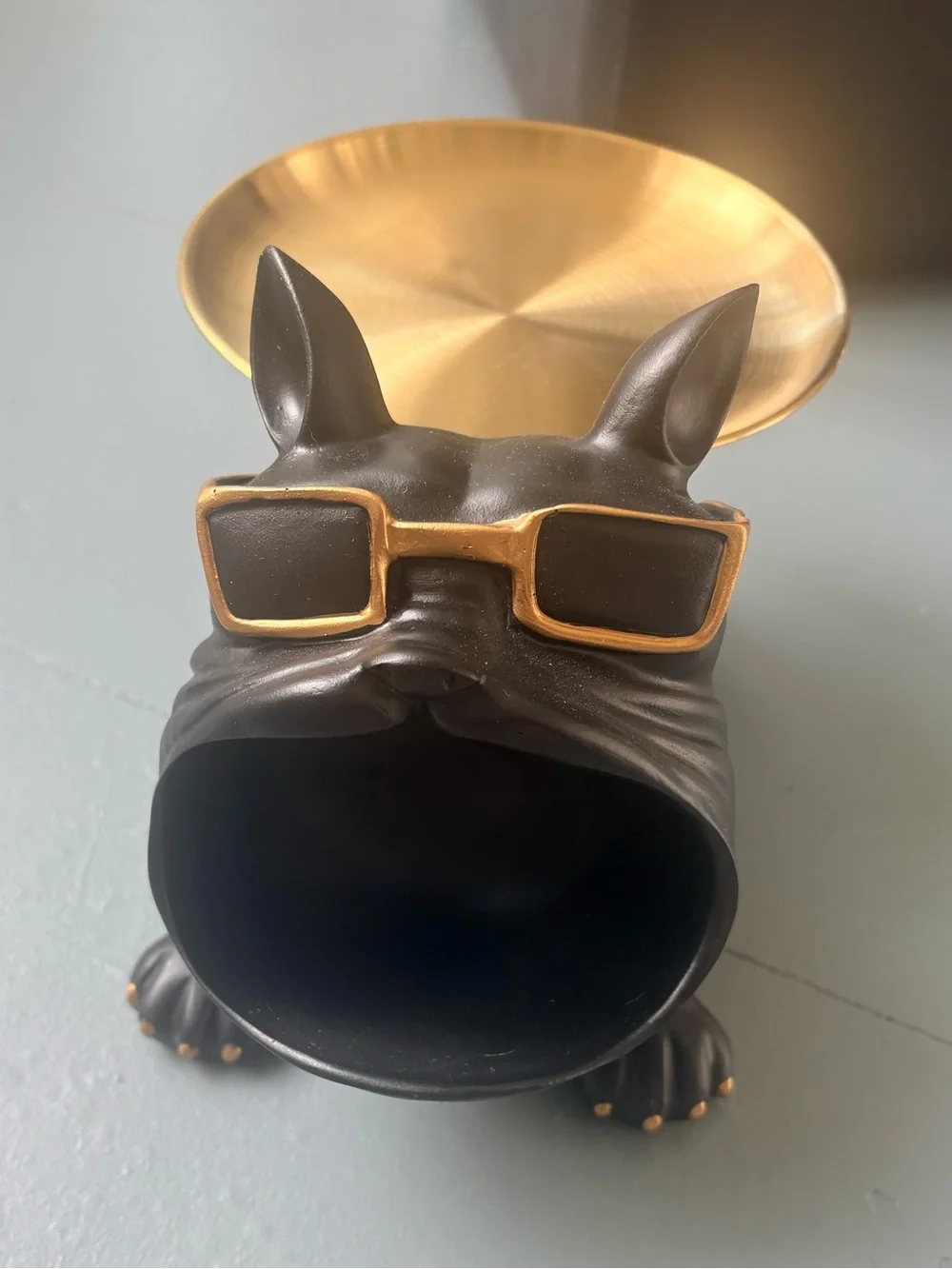 NWOT Black & Gold Resin Bulldog Statue with Accent Tray